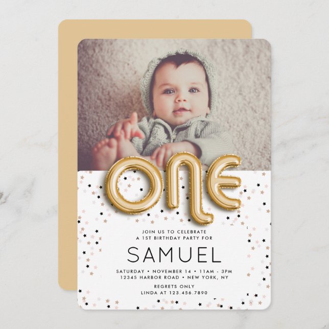 Convite Estrelas n primeiro aniversario do Tipo Balão de F (Frente/Verso)