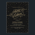 Convite Estrelas Noturnas Douradas e Black Sweet Festa Ses<br><div class="desc">As estrelas de efeito brilhante de ouro brilham nas nuvens de confete à volta desta bela convite de aniversário de 16 e 16, preto de veludo, com um guião de efeito de brilho dourado, "Dezesseis Doce". Perfeito para um rico de chic noturno! Arte original de Colleen Michele. Por favor, note-se...</div>
