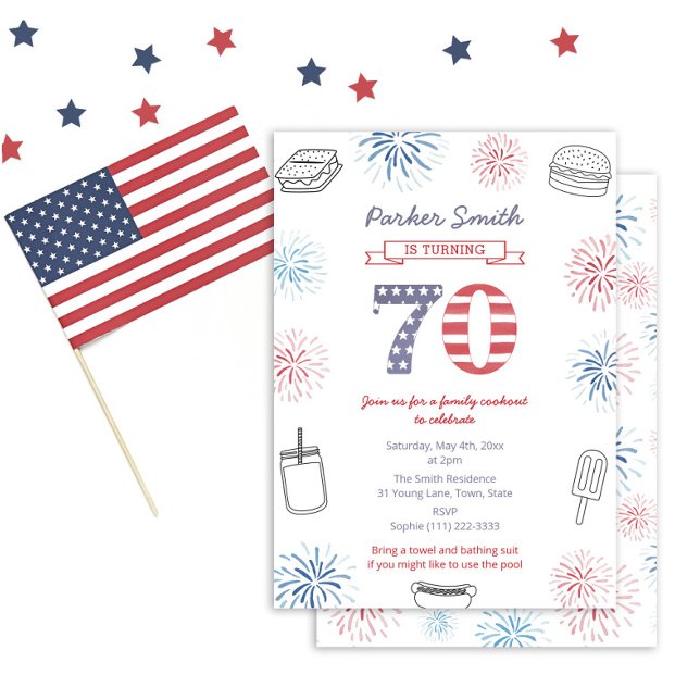 Convite Estrelas Patrióticas E Festas de aniversário 70 de (70th Birthday Cookout BBQ Party invitation featuring red and blue fireworks against white background)