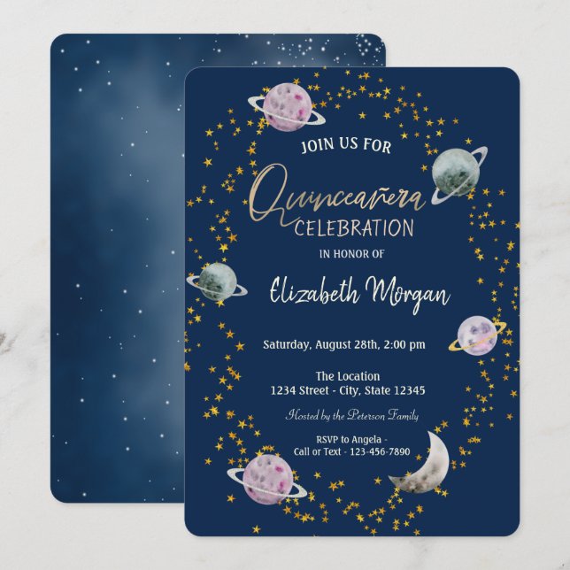 Convite Estrelas Planetas Galáxia Azul Quinceañera (Frente/Verso)