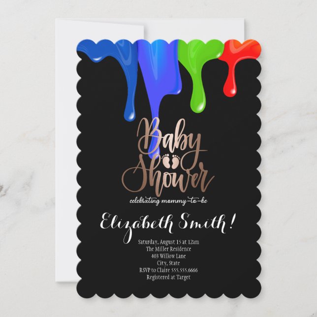 Convite Estrelas pretas, de cor arco-íris Chá de fraldas C (Frente)