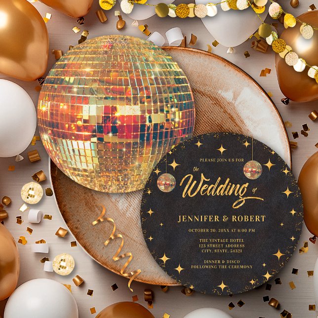 Convite Estrelas Retro Bola de Discoteca Brilho Dourado Pr (Criador carregado)