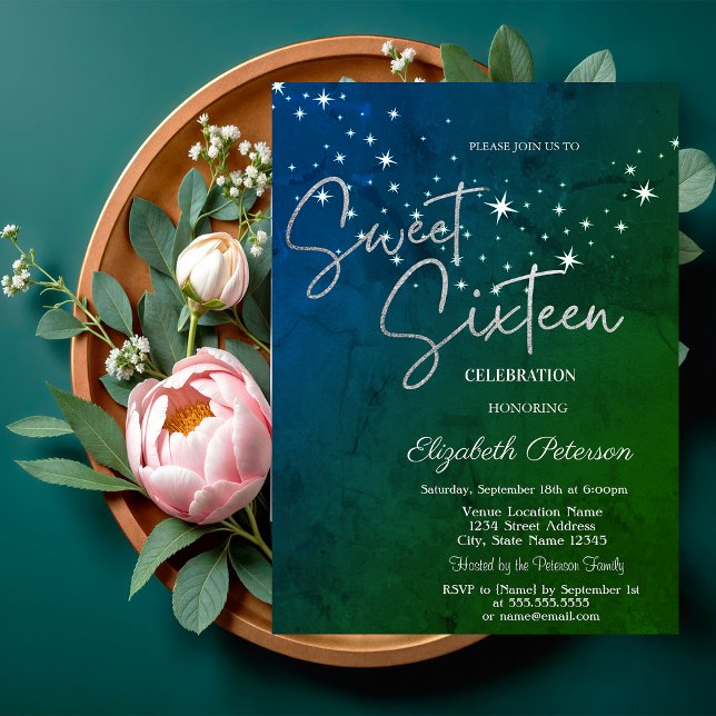 Convite Estrelas Simples Verdes Doce 16  (Criador carregado)