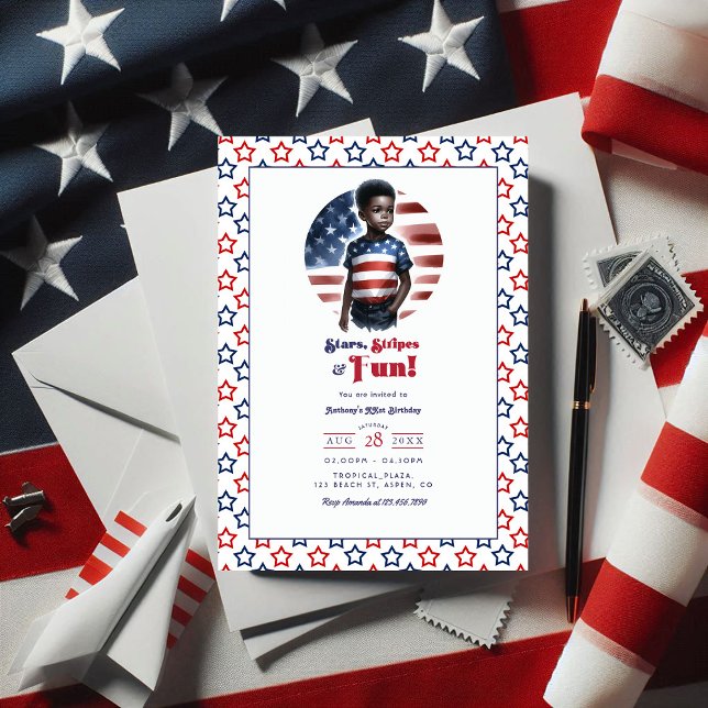 Convite Estrelas, Stripes e Festa de aniversário Patriótic (Stars, Stripes & Fun Patriotic Boy Birthday Party Invitation)