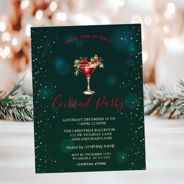 Convite Estrelas Vermelhas de Coquetel Natal Verde  (Criador carregado)
