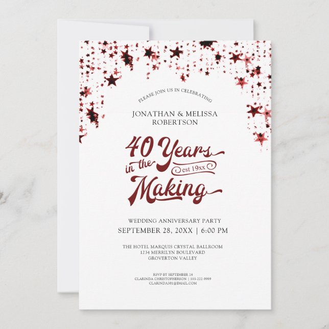 Convite Estrelas Vermelhas Rubi de 40º Aniversário 40 ANOS (Frente)