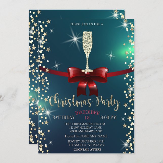 Convite Estrelas,Vidro de Champanhe,Empresa de Natal Arco  (Frente/Verso)