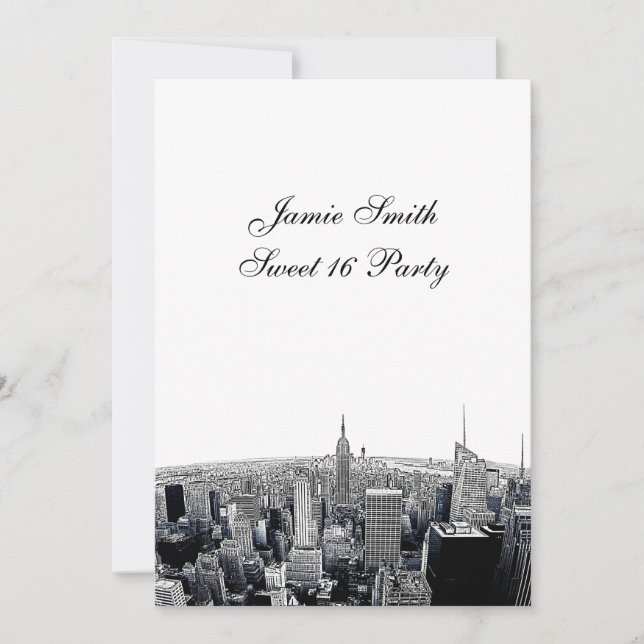 Convite Etched NYC Fisheye Skyline 2 BW Sweet 16 V (Frente)