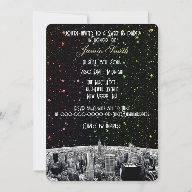 Convite Etched NYC Skyline 2 Arco-íris Estrela Sweet 16 V (Frente)