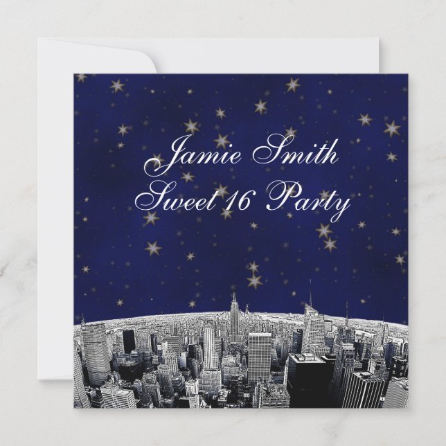 Convite Etched NYC Skyline 2 Azul Dourado Estrela Festa Do (Frente)