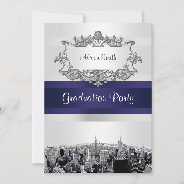 Convite Etched NYC Skyline 2 BG Branco Fita Azul Gradução (Frente)