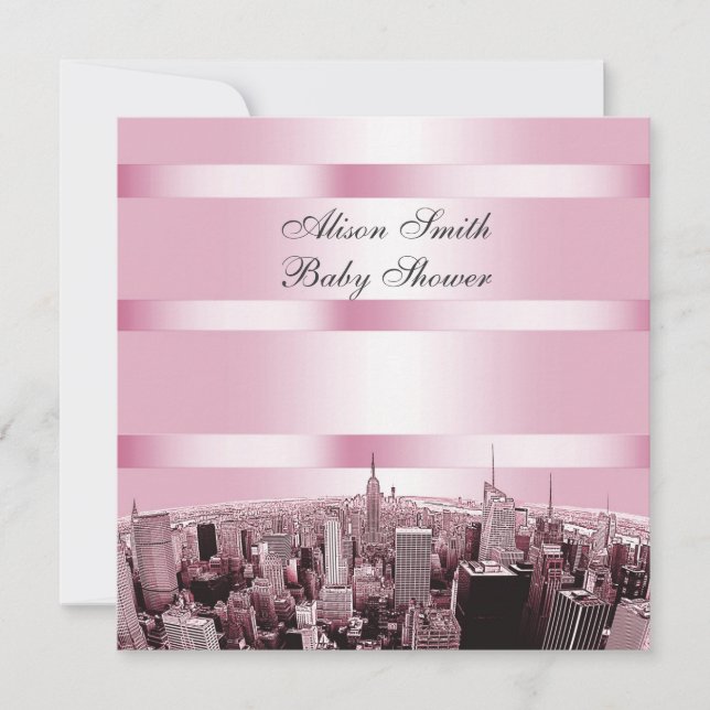 Convite Etched NYC Skyline 2 Chuveiro de Bebê Rosa Preto (Frente)
