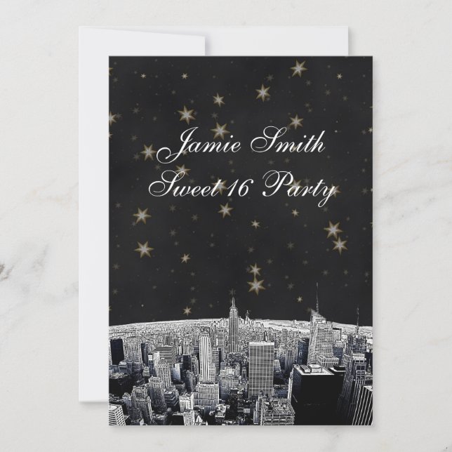 Convite Etched NYC Skyline 2 Preto Dourado Star Sweet 16 V (Frente)