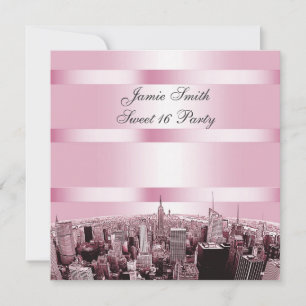 Convite Etched NYC Skyline 2 Preto Rosa Festa Sweet 16