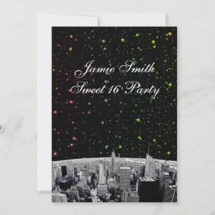 Convite Etched NYC Skyline 2 Rainbow Star Sweet 16 V