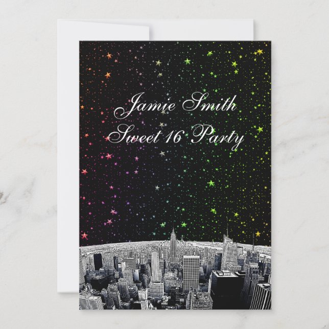 Convite Etched NYC Skyline 2 Rainbow Star Sweet 16 V (Frente)