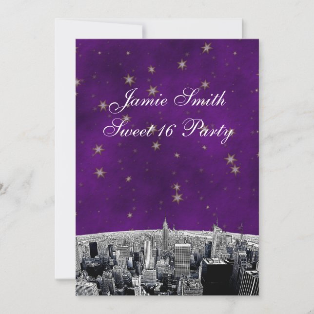Convite Etched NYC Skyline 2 Roxo Dourado Estrela Doce 16  (Frente)