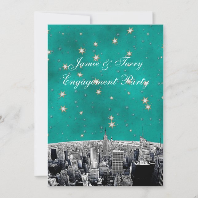 Convite Etched NYC Skyline 2 Teal Gold Star V Noivado (Frente)