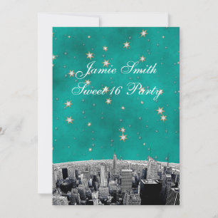 Convite Etched NYC Skyline 2 Verde Turquesa Estrela Doce 1
