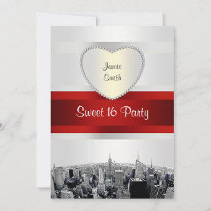 Convite Etched NYC Skyline 2H Branco, Fita Vermelha Sweet 