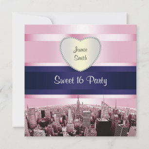 Convite Etched NYC Skyline 2P Rosa Azul Rbn H Sweet 16 Fes