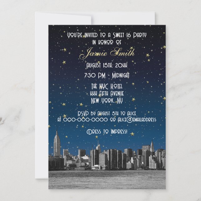 Convite Etched NYC Skyline #3 Estrela Azul Pôr do Sol Swee (Frente)