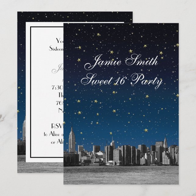 Convite Etched NYC Skyline #3 Estrela Blu Pôr do Sol Sweet (Frente/Verso)