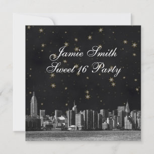 Convite Etched NYC Skyline #3 Preto Dourado Estrela Doze A