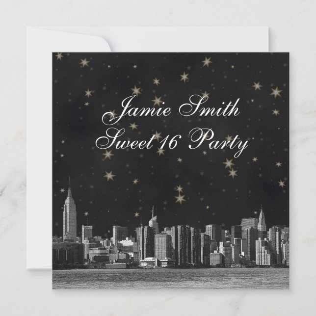 Convite Etched NYC Skyline #3 Preto Dourado Estrela Doze A (Frente)