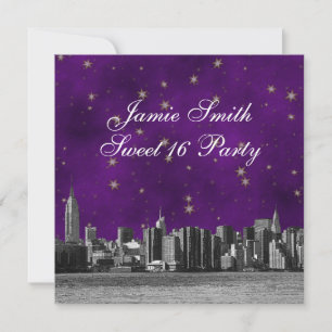 Convite Etched NYC Skyline #3 Roxo Dourado Estrela Doce 16