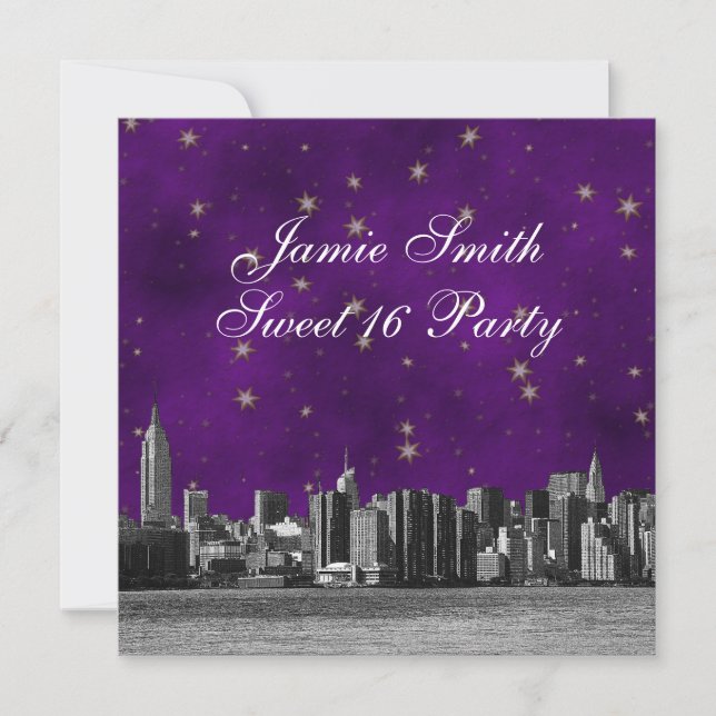 Convite Etched NYC Skyline #3 Roxo Estrela Dourada Doce 16 (Frente)