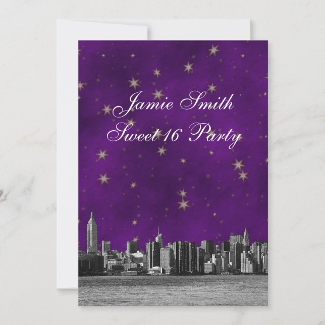 Convite Etched NYC Skyline #3 Roxo Estrela Dourada Sweet 1 (Frente)