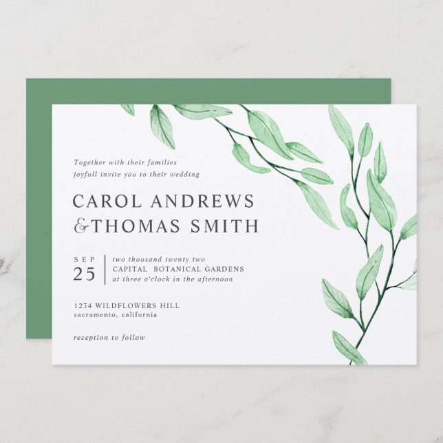 Convite Eteal Verde | Casamento Chic Botanic Leaves (Frente/Verso)