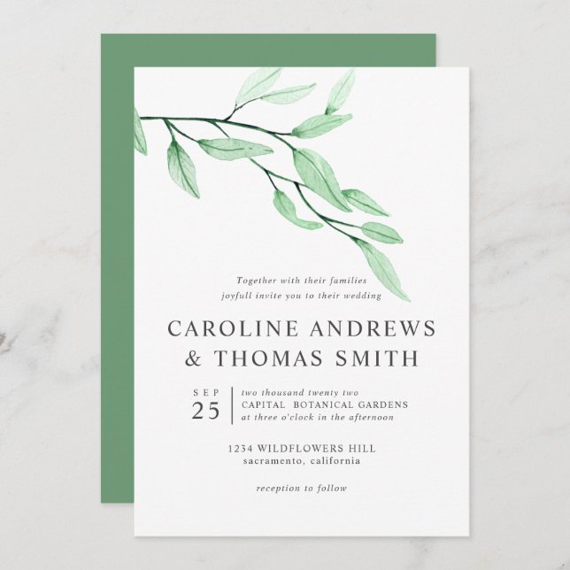 Convite Eteal Verde | Casamento Chic Botanic Leaves (Frente/Verso)