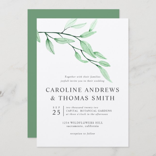 Convite Eteal Verde | Casamento Chic Botanic Leaves (Frente/Verso)