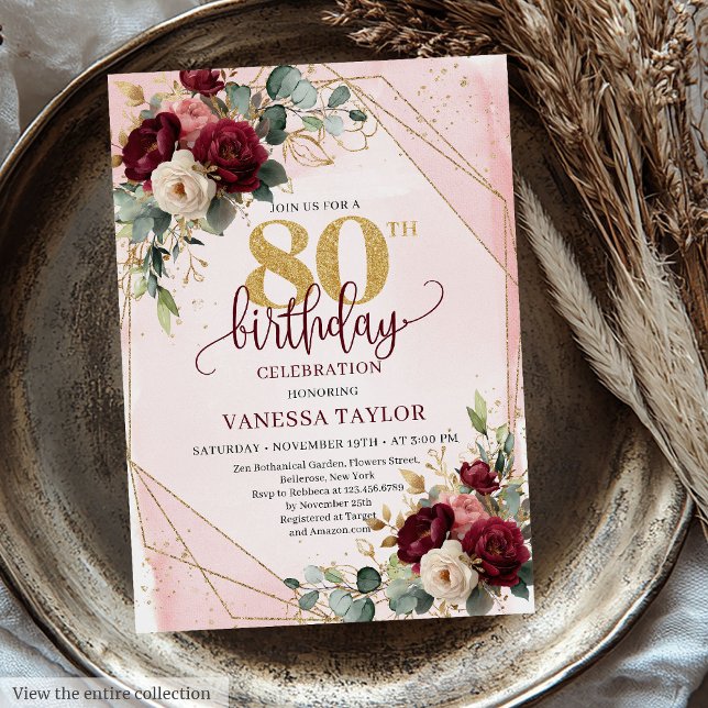 Convite Eterno Boho Burgundy Rosas Douradas 80 Aniversário (Timeless Boho Burgundy Gold Roses 80th Birthday Invitation)