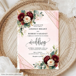 Convite Eterno Boho Maroon Dourado Blush Rosas Casamento