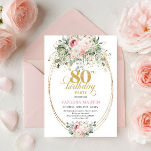 Convite Eterno Boho Rosa Floral Dourado Aniversário de 80 