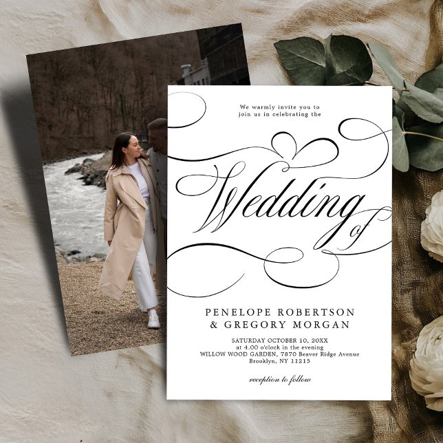 Convite Eterno de caligrafia moderna Casamento Negro Branc (Modern calligraphy timeless black and white photo wedding invitation)