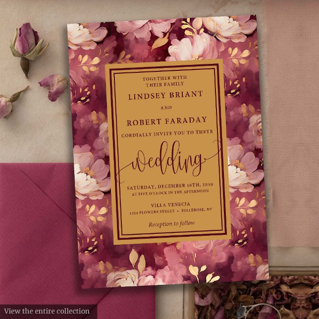 Convite Eterno Luxo Maroon Blush Dourado Casamento Floral (Timeless Luxury Maroon Blush Gold Floral Wedding Invitation)