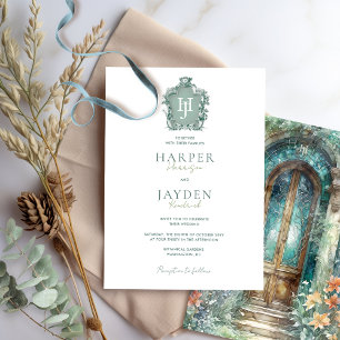 Convite Eterno Monograma, Verde, Casamento de Teal Azul