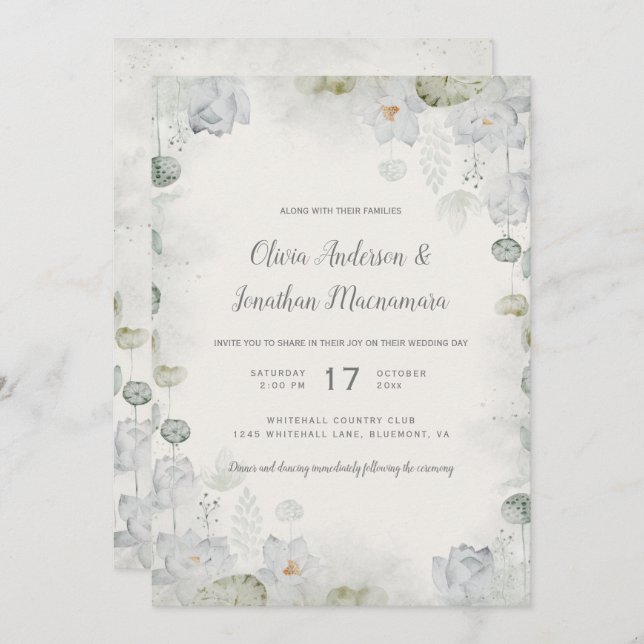 Convite Étero White Floral Sage Teal Verde Ivory (Frente/Verso)