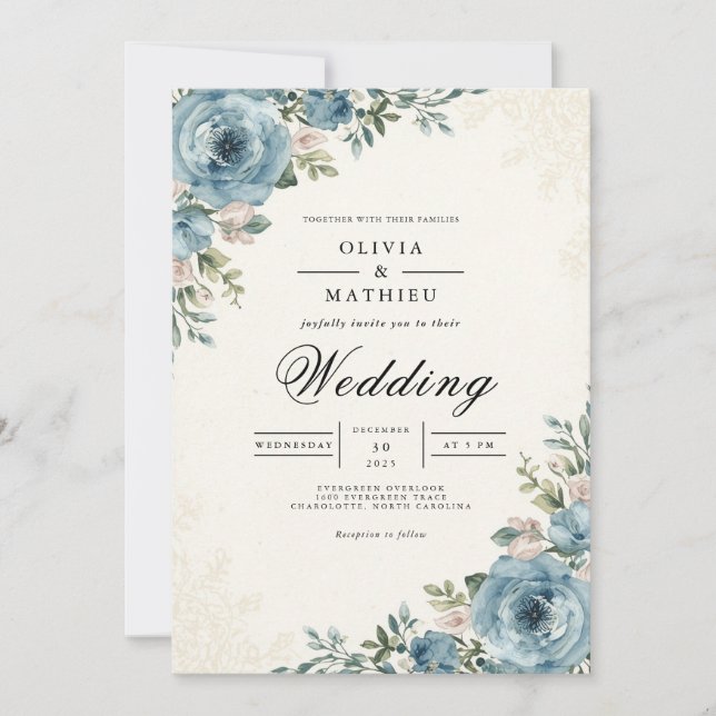 Convite Ethereal Blue Botanical Romance Wedding (Frente)