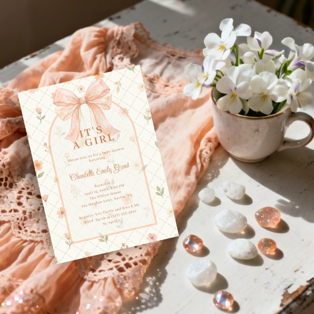Convite Ethereal Coquette Peach Bow Baby Shower TMF26 (Ethereal Coquette Peach Bow Baby Shower Invitation with Elegant Lattice and Watercolor Effect.)