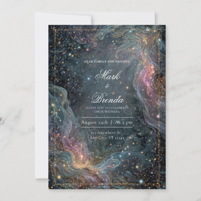 Convite Ethereal Gold Celestial Nebula Wedding (Frente)