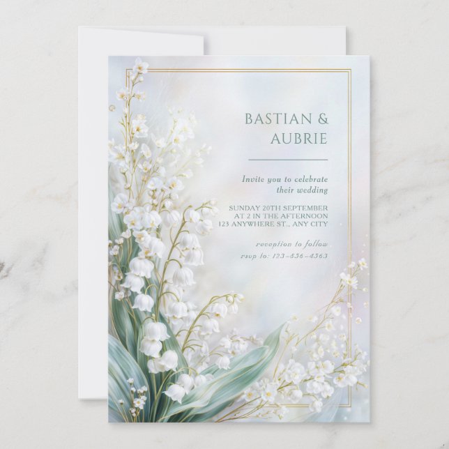 Convite Ethereal Pastel Lily Valley Gold Frame Wedding (Frente)