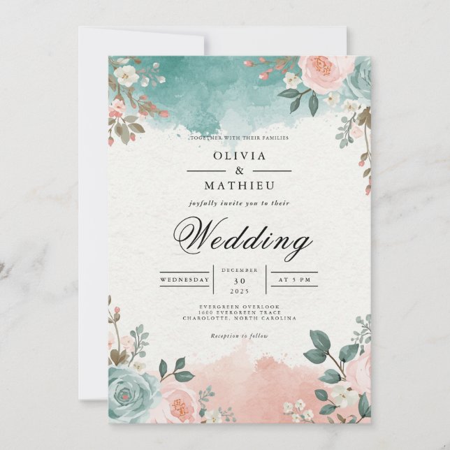 Convite Ethereal Teal Blush Floral Arch Wedding (Frente)
