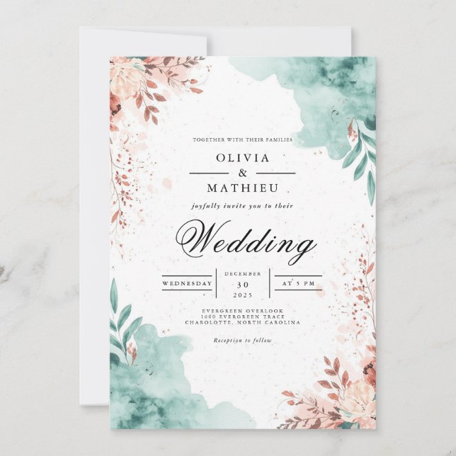 Convite Ethereal Teal & Blush Flourish Wedding (Frente)