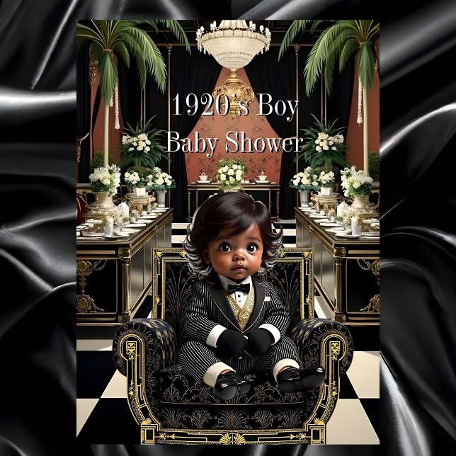 Convite Ethnic Boy Baby Shower 1920s Art deco black gold (Criador carregado)