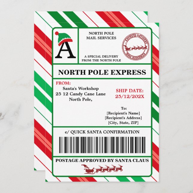 Convite Etiqueta de envío de Papá Noel personalizable (Frente/Verso)